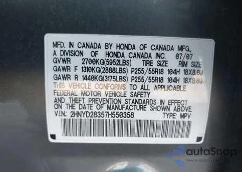 2007 Acura Mdx Technology Package z USA, uszkodzony, nr VIN 2HNYD28357H550358